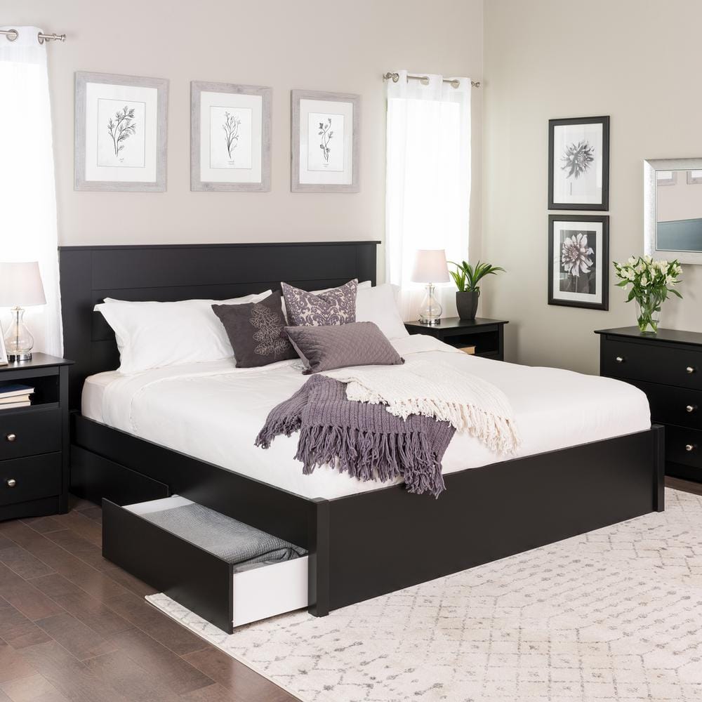 Elegant King-Sized Platform Bed with Upholstered Wood Frame and Storage Drawers