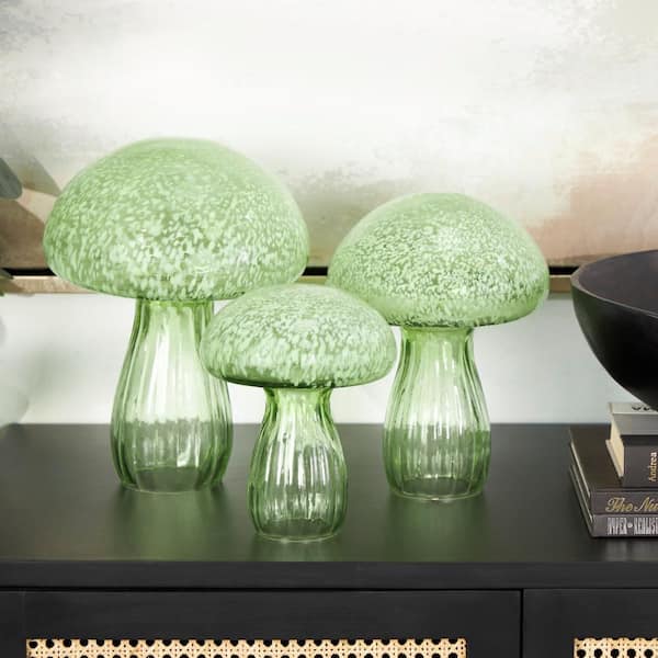 Litton Lane Green Glass Textured Mushroom Sculpture (Set of