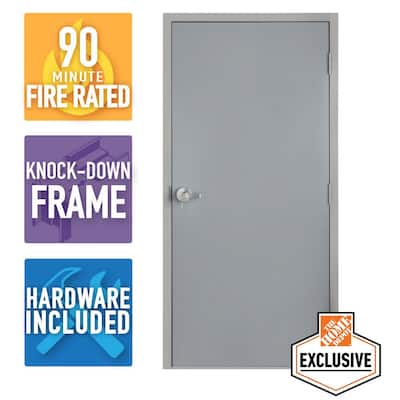36 in. x 84 in. Left-Hand Galvanneal Steel Mill Primed Commercial Door Kit with 90 Minute Fire Rating & Knock Down Frame