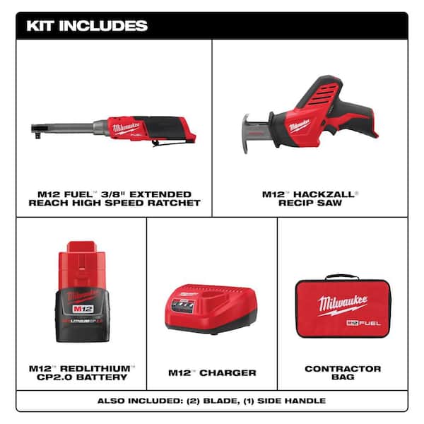 M12 FUEL 12V Lithium-Ion Brushless 3/8 in. Extended Reach High Speed Cordless Ratchet Kit & M12 Reciprocating Saw