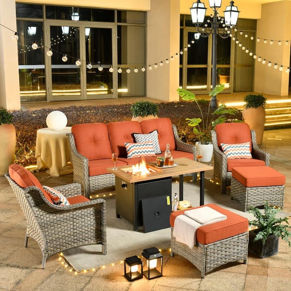 Toject Eureka Grey 6-Piece Wicker Outdoor Patio Conversation Sofa Seating Set with a Storage Fire Pit and Red Cushions