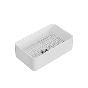 30 in. Undermount Single Bowl Sink White Fireclay Kitchen Sink Included Bottom Grid and Basket Strainer