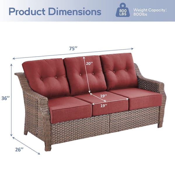 Modern Farmhouse 3-Seat Brown PE Wicker Outdoor Couch with 6 in. Olefin Red Cushions/Wide Armrest