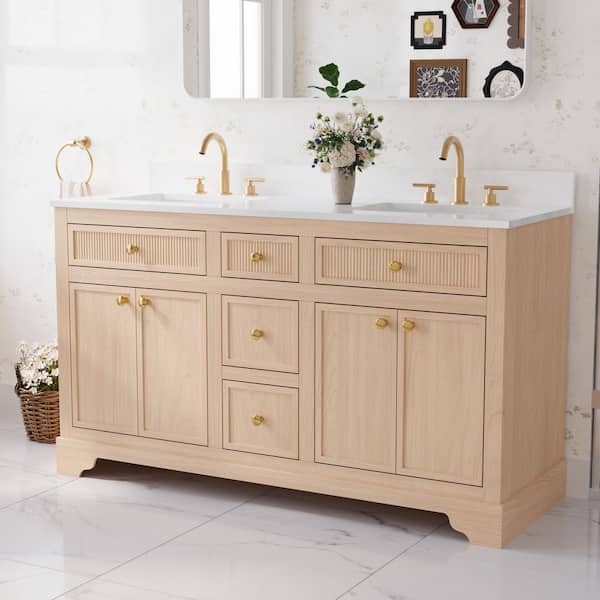 Fully Assembled 60 in. Freestanding Double Vanity Sink Solid Wood Weathered Oak Finish Bath Vanity with White Quartz Top