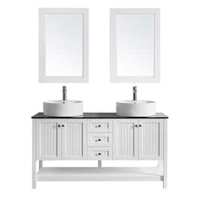 Modena 60 in. Bath Vanity in White with Tempered Glass Vanity Top in Black with Vessel Sinks in White and Mirror