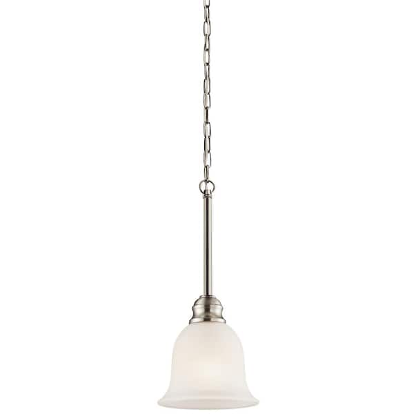 KICHLER Tanglewood 1-Light Brushed Nickel Traditional Shaded Kitchen Mini Pendant Hanging Light with Satin Etched Glass