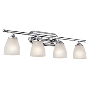 Ansonia 31.25 in. 4-Light Chrome Contemporary Bathroom Vanity Light with Etched Glass Shade