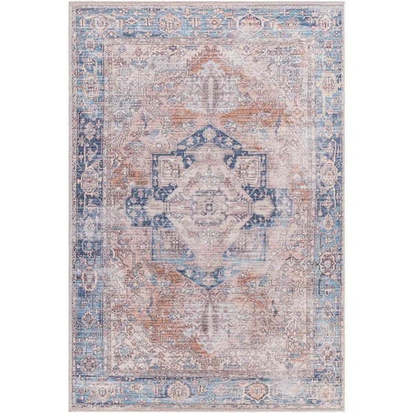 Livabliss Nadia Light Blue/Red 3 ft. x 12 ft. Runner Indoor Machine-Washable Area Rug