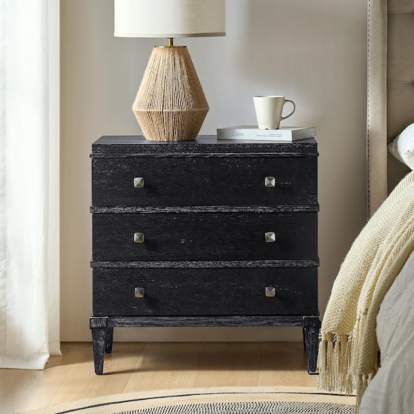 Nikolaus Black Transitional 3-Drawer Nightstand with Charging Station