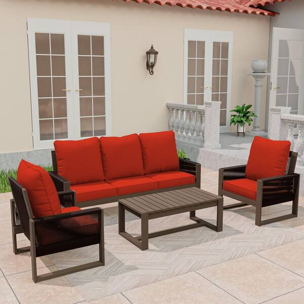 4-Piece Patio Furniture Set Wood Outdoor Conversation Set Rattan Woven Rope Accents with Red Cushion
