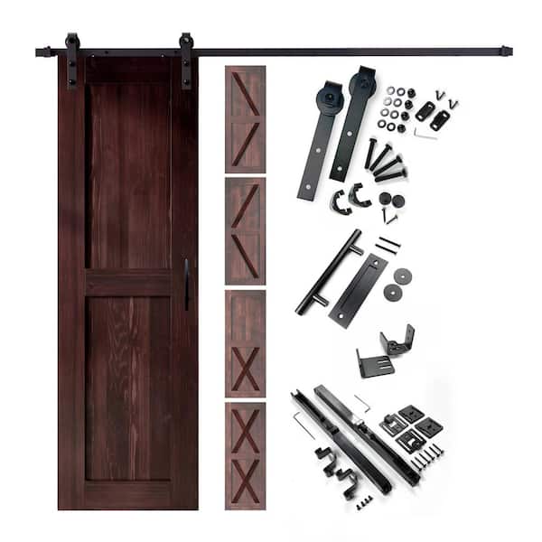 HOMACER 24 in. x 80 in. 5-in-1 Design Red Mahogany Solid Pine Wood Interior Sliding Barn Door with Hardware Kit, Non-Bypass