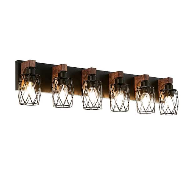 38 in. 6-Light Black Vanity Light Fixture Bathroom Over Mirror Wall Lights with Black Cage and Wooden Accents