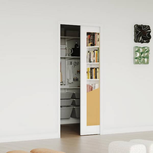 30 in. x 80 in. 2-Sided, 1 Lite, Tempered Mirrored Glass, MDF, White Primed Pocket Door Frame with Hardware