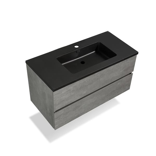 ANGELES HOME 36 in. W x 19 in. D x 21 in. H Floating Bath Vanity in Grey with Matte Black Cultured Marble Top Integrated Sink