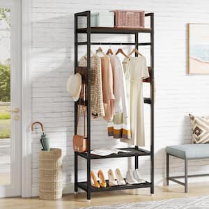 Carmalita Brown 69.29 in. Industrial Hall Tree Entryway Coat Rack with Shoe Storage Shelf and Hooks