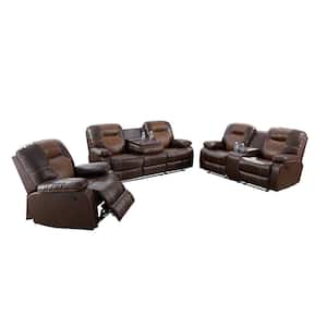 25 in. Rolled Arm 3-Piece Leather Rectangle Sectional Sofa in Brown