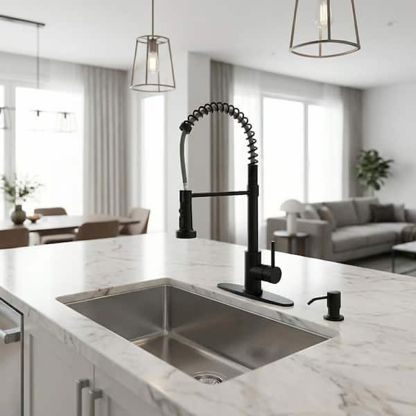 20.3 in. Single Handle Pull Down Kitchen Faucet with Soap Dispenser and 360° Spout Swivel in Matte Black