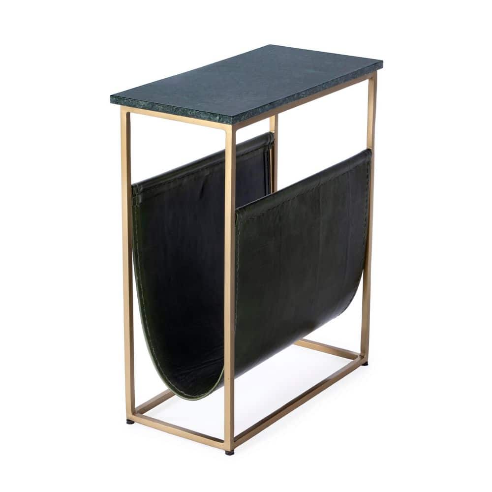 Koler 18 in. W Rectangular Green Marble, Leather and Metal Magazine End Table - thumbnail 6