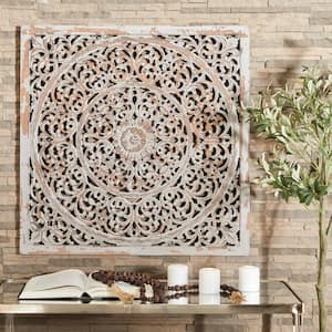 Wood Brown Handmade Intricately Carved Floral Wall Decor with Mandala Design