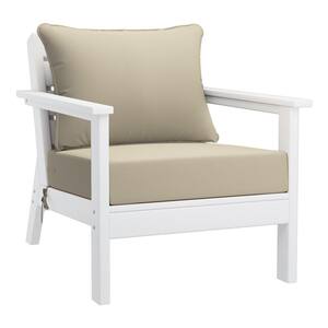 Birchwood Outdoor Patio Deep Seating HDPE Plastic Lounge Chair in White with Beige Cushions