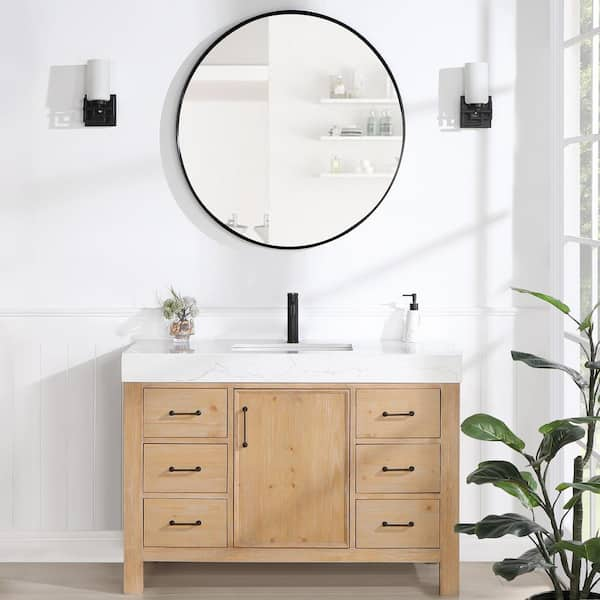 León 48 in.W x 22 in.D x 34 in.H Single Sink Bath Vanity in Fir Wood Brown with White Composite Stone Top and Mirror