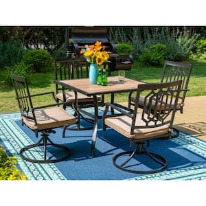 Black 5-Piece Metal Outdoor Patio Dining Set with Wood-Look Square Table and Swivel Chairs with Beige Cushion