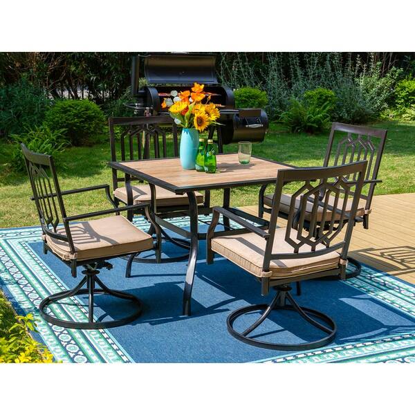 PHI VILLA Black 5-Piece Metal Outdoor Patio Dining Set with Wood-Look Square Table and Swivel Chairs with Beige Cushion
