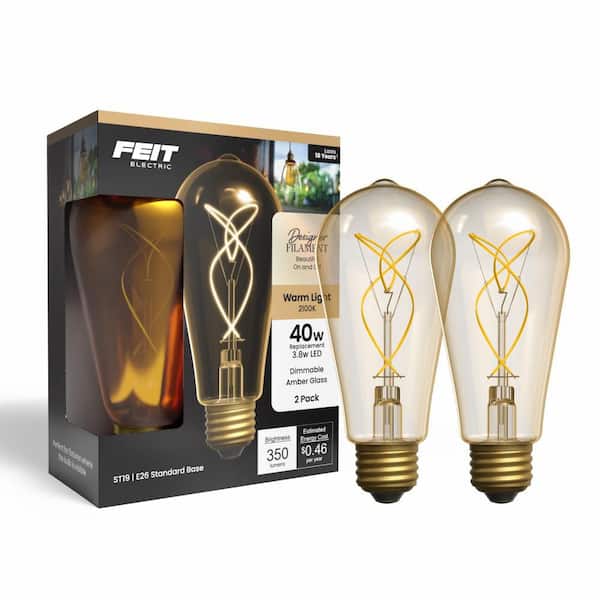 40W Equiv. ST19 Dim. Knot Thin Filament Amber Glass E26 Vintage Edison LED Straight Tapered Light Bulb Warm White 2-Pack