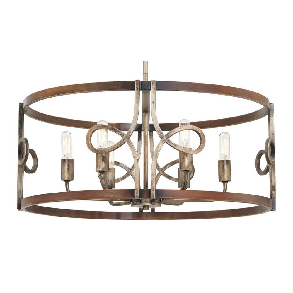Aged Darkwood and Silver Patina 6-Light Glass Drum Pendant