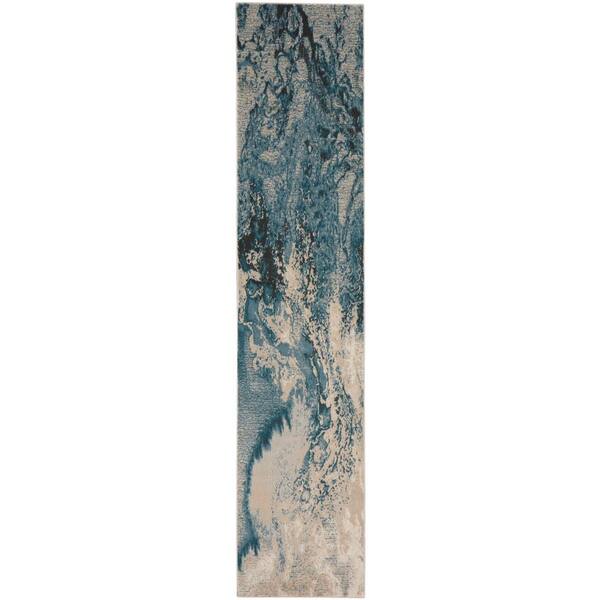 Nourison Maxell Ivory/Teal 2 ft. x 12 ft. Abstract Contemporary Runner
