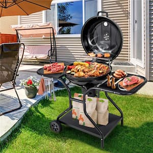 22 in. Charcoal Grill in Black with Built-In Thermometer Wheels Side and Bottom Shelves