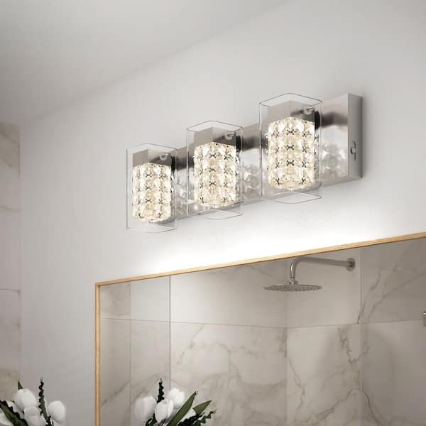 Artika Crystal Cube 21 in. 3-Light Brushed Nickel Integrated 5CCT LED Vanity Light with Clear Glass Shade