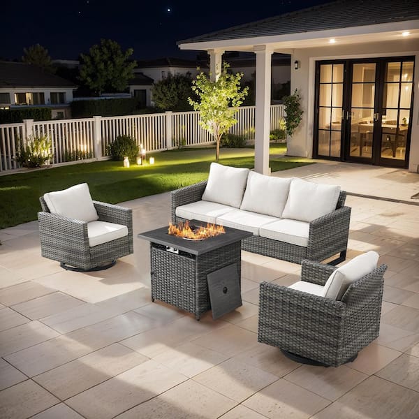 moosprr U-Frame 4-Piece Gray Wicker Fire Pit Conversation Set with Olefin Beige Cushions and U-Frame Swivel Glider Chairs