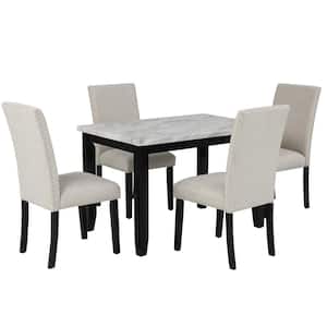 5-Piece Rectangle Marble Top White Dining Table Set with 4 Thicken Cushion Dining Chairs