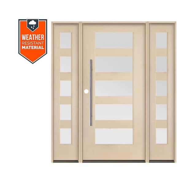 Modern Faux Pivot 64 in. x 79 in. Right-Hand/Inswing 5-Lite Frosted Glass Unfinished Fiberglass Prehung Front Door/DSL