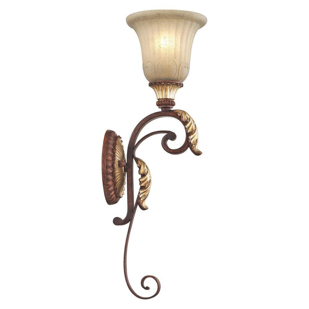 Verona Bronze and Gold Leaf Rustic Art Glass Sconce