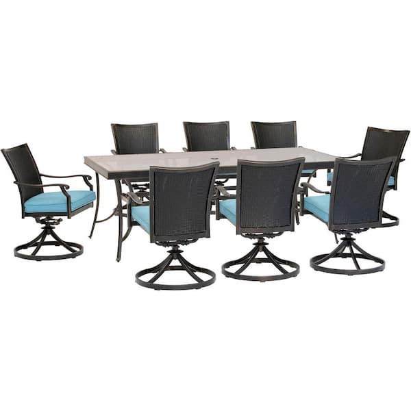 Hanover Traditions 9-Piece Wicker Outdoor Dining Set with Blue Cushions and Extra Large Glass-Top Table
