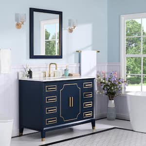 48 in. W x 22 in. D x 35 in. H Single Sink Freestanding Bathroom Vanity Mirror Set in Navy Blue with White Quartz Top