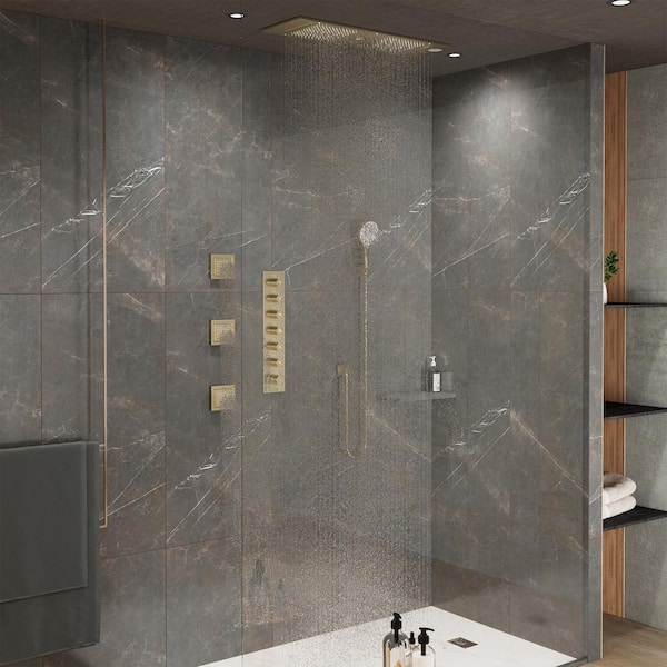 4-Spray Thermostatic Dual Shower Head Ceiling Mount Fixed and Handheld Shower Head 2.5GPM with Jet Spray in Brushed Gold