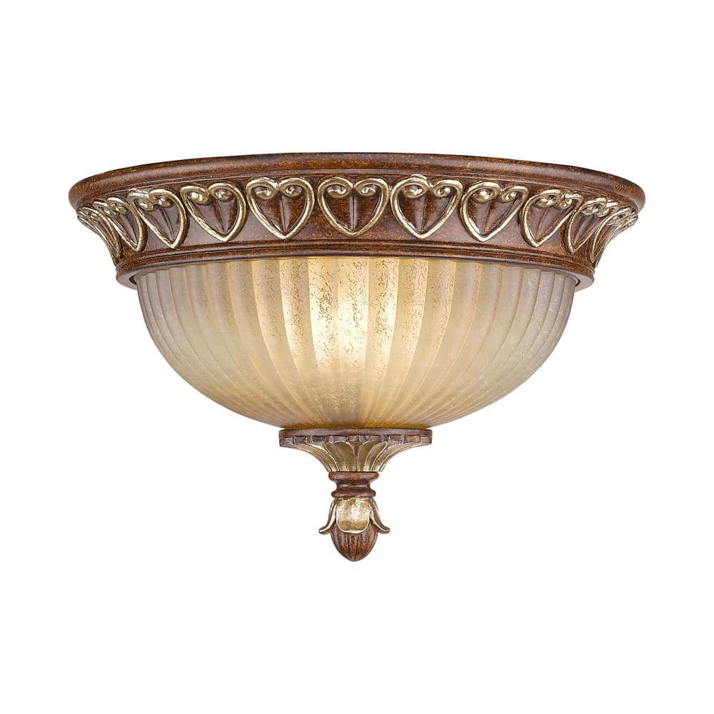 Verona Bronze & Aged Gold Leaf Dual-Light Flush Mount with Rustic Art Glass