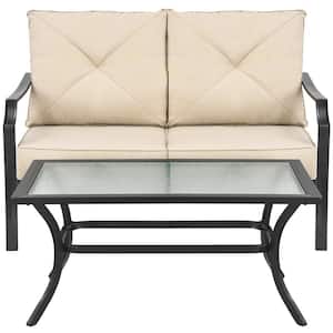 2-Pieces Metal Patio Loveseat with Coffee Table Outdoor Sofa Bench with Beige Cushions