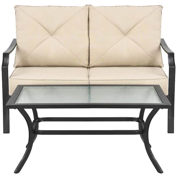 2-Pieces Metal Patio Loveseat with Coffee Table Outdoor Sofa Bench with Beige Cushions