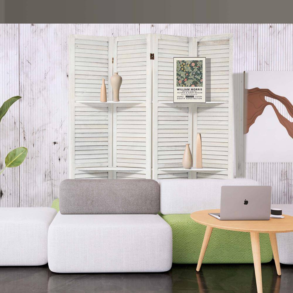 White Wood 5.6 ft Folding Privacy Screen Room Divider with Shelves