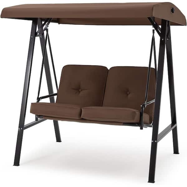 2-Person Metal Patio Swing with Brown Cushion and Canopy Top, UV Resistant, Waterproof