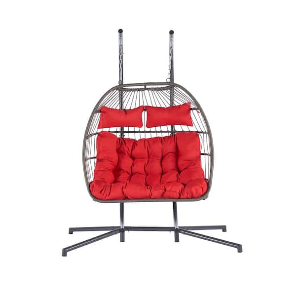 JimsMaison 45.7 in. 2-Person Metal Frame and Wicker Patio Swing with Red Cushions