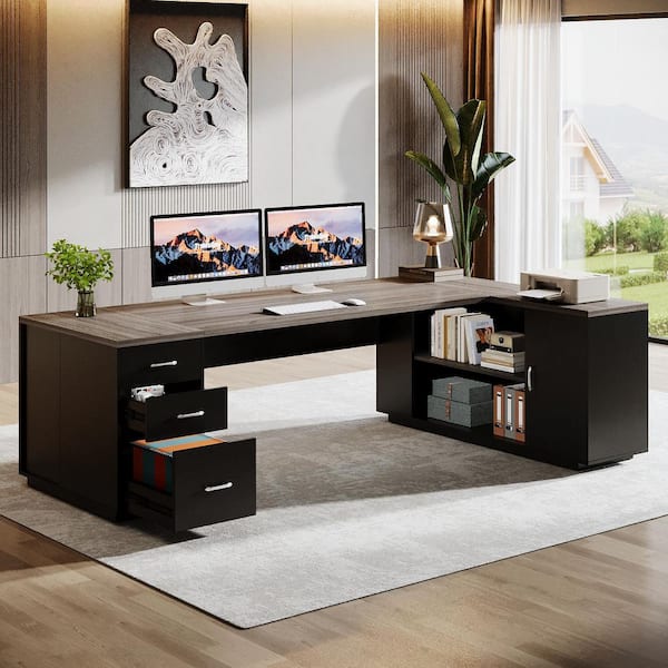 Capen 85.8 in. L-Shaped Gray & Black Wood Executive Desk with File Drawer, Modern Business Office Desk for Home Office