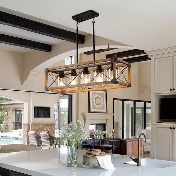 5-Light Brown Farmhouse Chandelier for Dining Room, Kitchen Island with No Bulbs Included