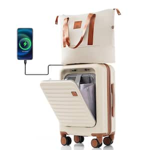 Front Opening 2-Piece Ivory and Brown 20" ABS Hardshell Spinner Luggage Set with Travel Bag, USB Ports, Cup Holder