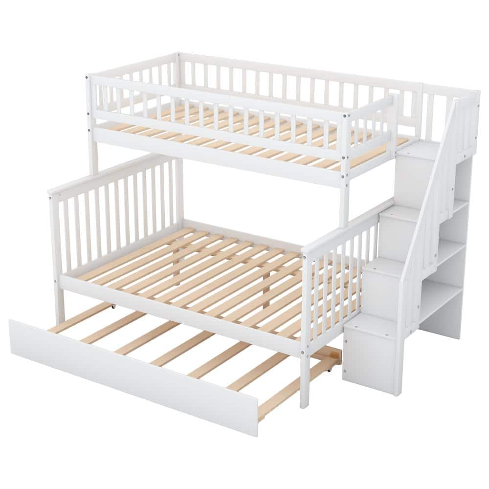 Nestfair White Wood Twin over Full Bunk Bed with Trundle and Staircase ...