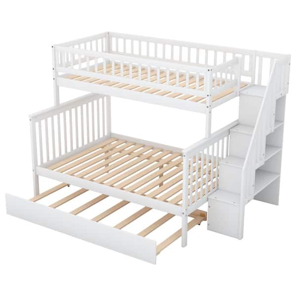 Nestfair White Wood Twin over Full Bunk Bed with Trundle and Staircase ...